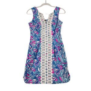 Lilly Pulitzer 20th Anniversary Blue Pink Print Sleeveless Shift Dress 2 Cotton